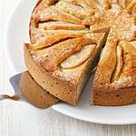 Ein Apfelkuchen aus Hirsemehl auf einem weißen Teller. Ein Stück liegt auf einer silbernen Kuchenschaufel.