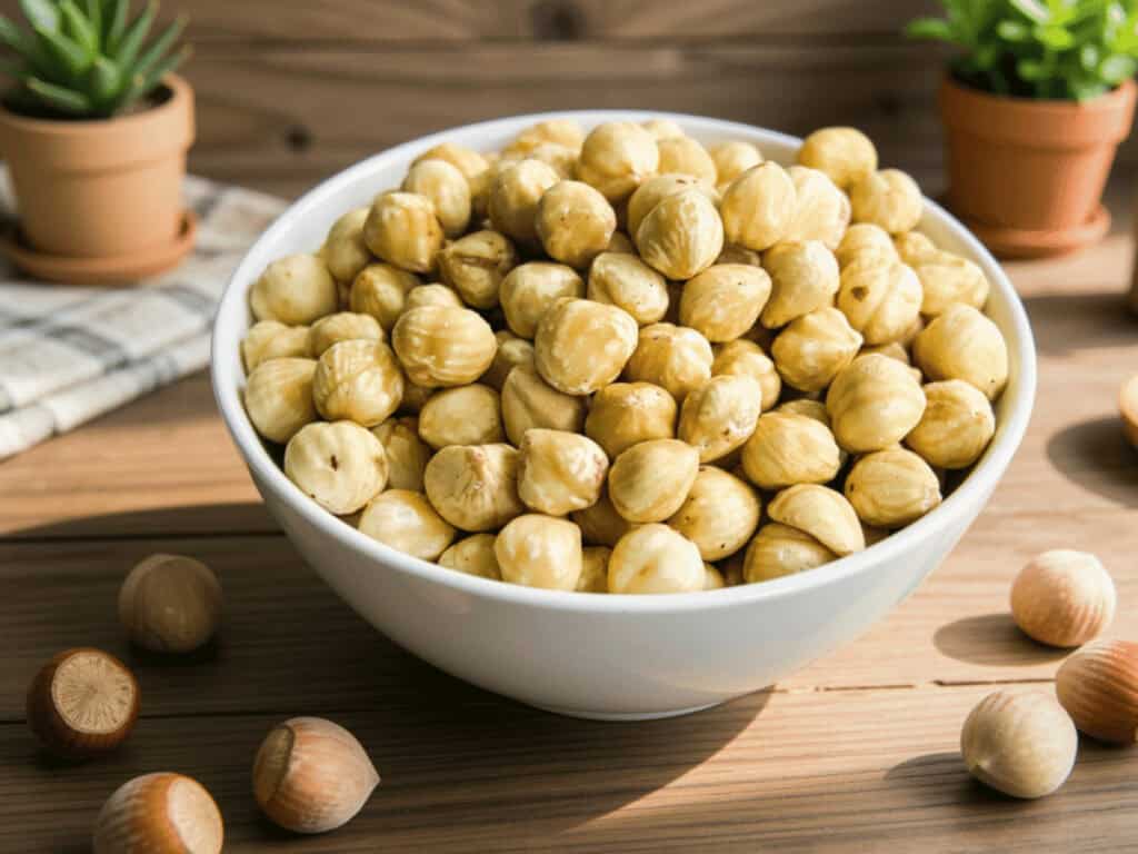 Blanchierte Haselnüsse in weißer Schale, eine Zutat für glutenfreie Haselnuss-Schäumchen.