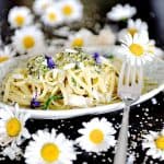 Ein Teller Pasta mit einem Hanfsamen-Pesto mit Margeriten umgeben von vielen Margeritenblüten.