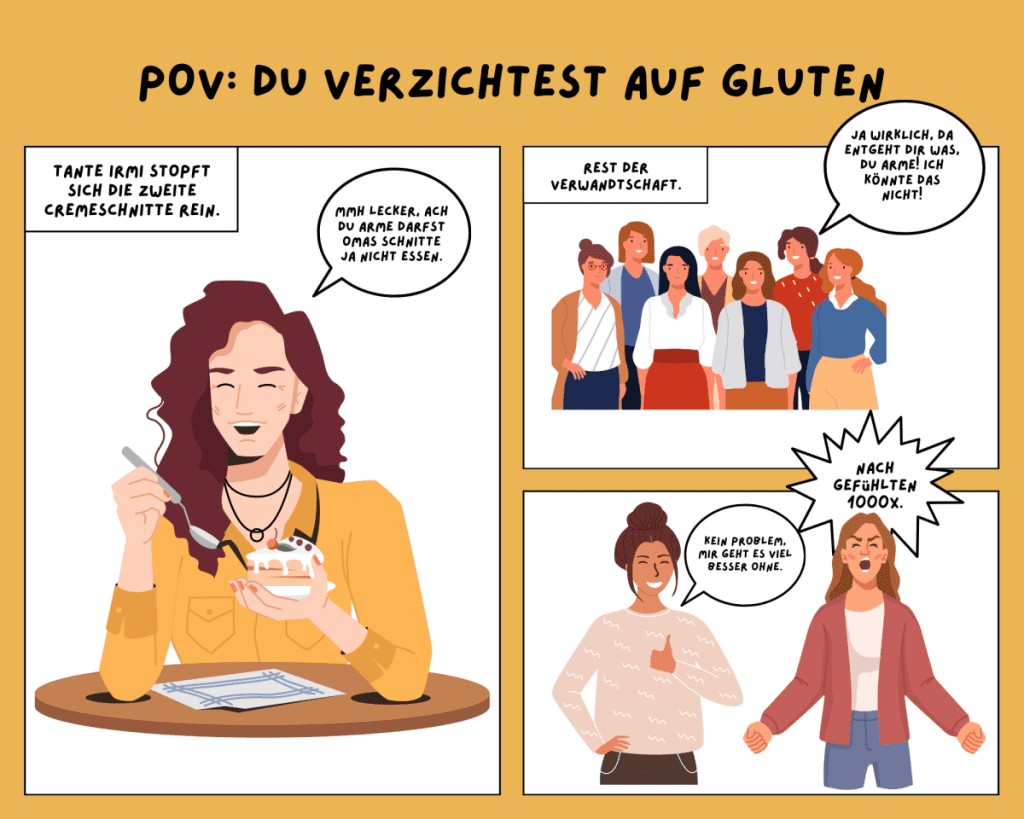 Ein Cartoon, in dem es darum geht, wie das Umfeld reagiert, wenn man glutenfrei isst.