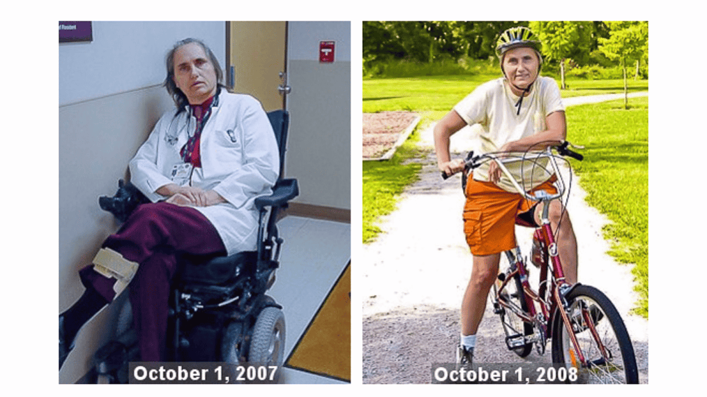 Terry Wahls, die das Wahls-Protokoll entworfen hat, auf zwei Bildern. Einmal im Rollstuhl (auf dem Höhepunkt der MS Erkrankung) und einmal auf dem Rad (ein Jahr später).