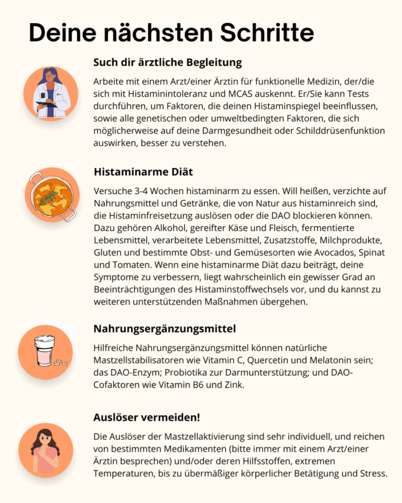 Illustrierte Auflistung der nächsten Schritte, bei Hashimoto, Histaminintoleranz und MCAS.