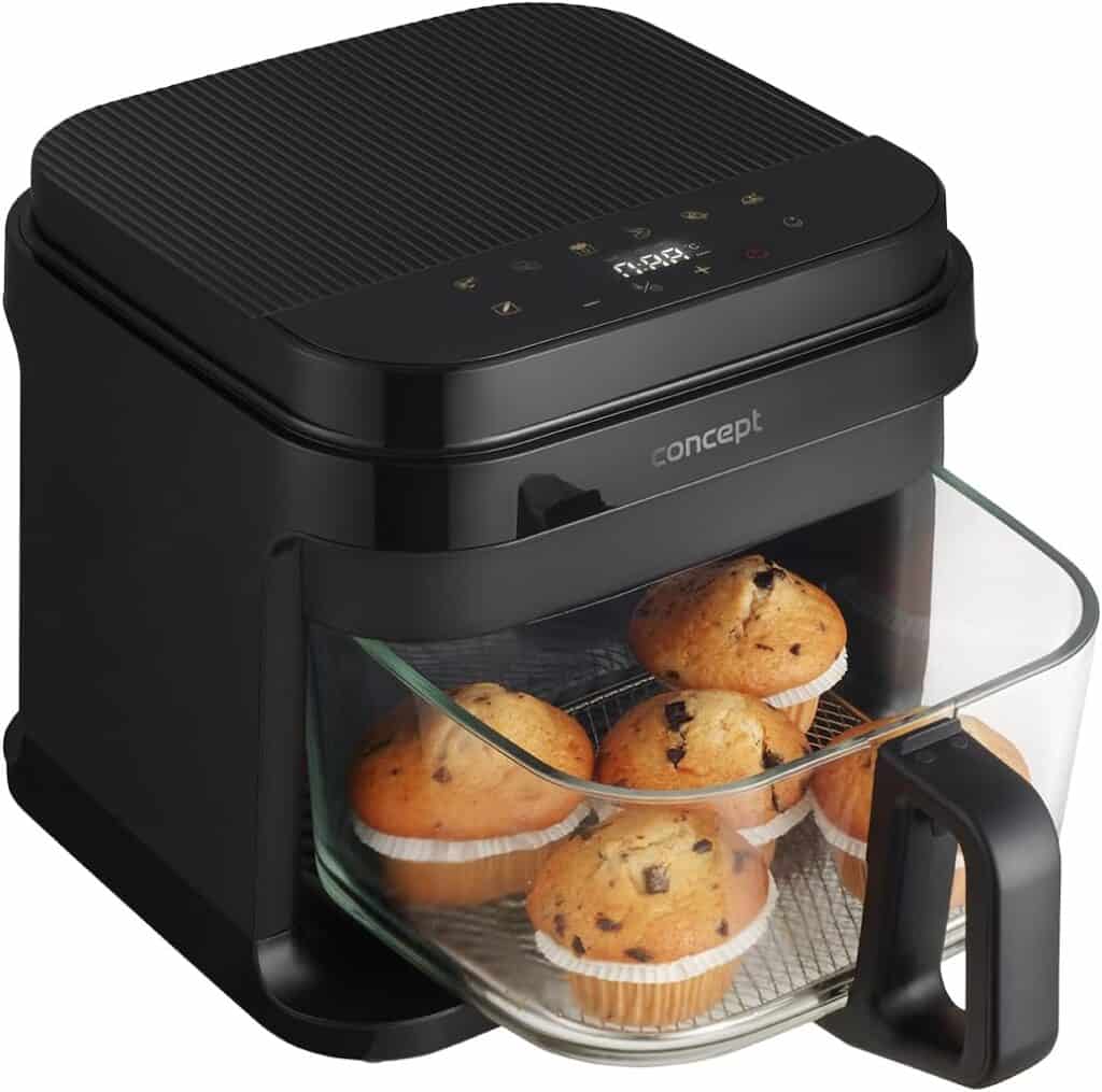 Heissluftfritteuse mit Glaskorb.