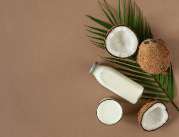 Kokosmilch im Glas neben frischer Kokosnuss – selbst gemacht