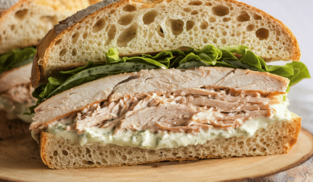 Mit Hühnerbrust gefülltes glutenfreies, histaminarmes Ciabatta.