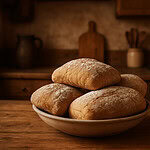 Drei Stück glutenfreies, histaminarmes Ciabatta in einer Holzschüssel.